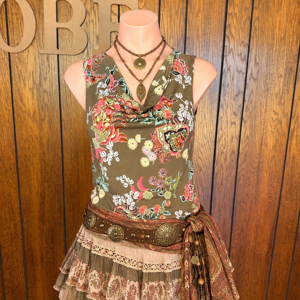 Y2K Olive Floral Cowl Neck Tank Top Susan Lawrence Women S Boho Fairy Grunge